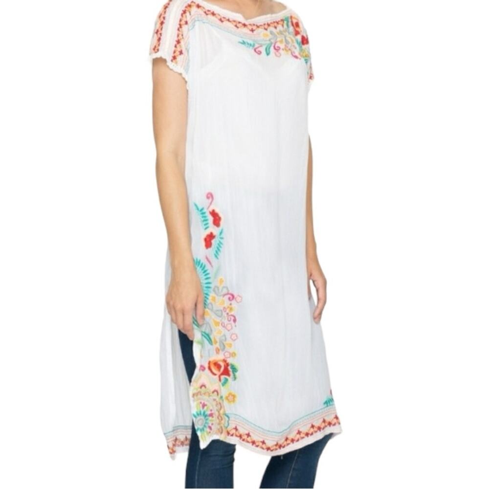 Johnny Was Janice Embroidered Long Tunic Top White Small